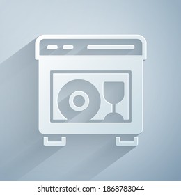 Paper cut Kitchen dishwasher machine icon isolated on grey background. Paper art style. Vector