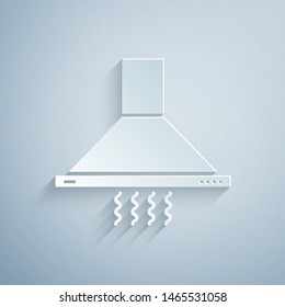 Paper cut Kitchen extractor fan icon isolated on grey background. Cooker hood. Kitchen exhaust. Household appliance. Paper art style. Vector Illustration