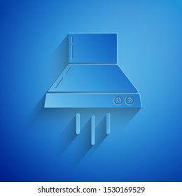 Paper cut Kitchen extractor fan icon isolated on blue background. Cooker hood. Kitchen exhaust. Household appliance. Paper art style. Vector Illustration