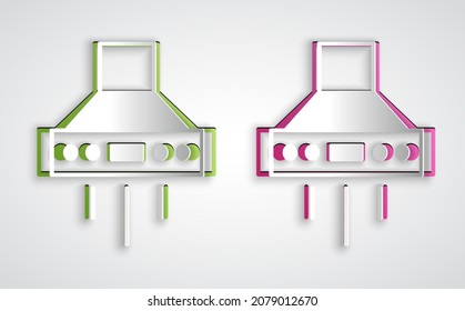 Corte de papel Icono del ventilador del extractor de cocina aislado en fondo gris. Cubierta de cocina. El escape de la cocina. Aparato doméstico. Estilo de arte de papel. Vector
