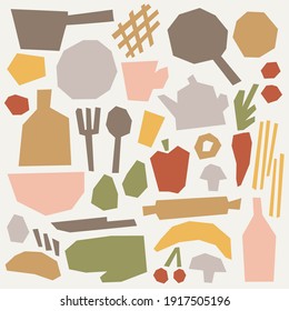 Paper cut Kitchen and food shapes set. Contemporary art collage for children cooking game and other design. Cute and modern isolated objects.