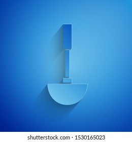 Paper cut Kitchen ladle icon isolated on blue background. Cooking utensil. Cutlery spoon sign. Paper art style. Vector Illustration