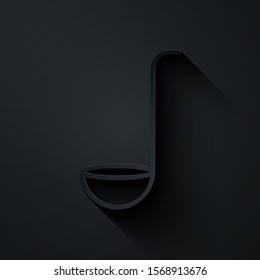 Paper cut Kitchen ladle icon isolated on black background. Cooking utensil. Cutlery spoon sign. Paper art style. Vector Illustration
