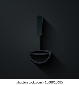 Paper cut Kitchen ladle icon isolated on black background. Cooking utensil. Cutlery spoon sign. Paper art style. Vector Illustration