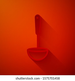 Paper cut Kitchen ladle icon isolated on red background. Cooking utensil. Cutlery spoon sign. Paper art style. Vector Illustration