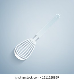 Paper cut Kitchen whisk icon isolated on grey background. Cooking utensil, egg beater. Cutlery sign. Food mix symbol. Paper art style. Vector Illustration