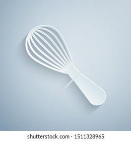Paper cut Kitchen whisk icon isolated on grey background. Cooking utensil, egg beater. Cutlery sign. Food mix symbol. Paper art style. Vector Illustration