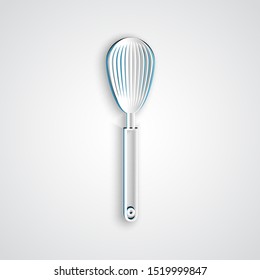 Paper cut Kitchen whisk icon isolated on grey background. Cooking utensil, egg beater. Cutlery sign. Food mix symbol. Paper art style. Vector Illustration