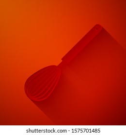 Paper cut Kitchen whisk icon isolated on red background. Cooking utensil, egg beater. Cutlery sign. Food mix symbol. Paper art style. Vector Illustration