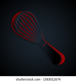 Paper cut Kitchen whisk icon isolated on black background. Cooking utensil, egg beater. Cutlery sign. Food mix symbol. Paper art style. Vector Illustration