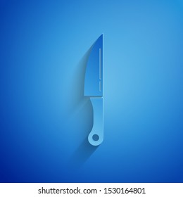 Paper cut Knife icon isolated on blue background. Cutlery symbol. Paper art style. Vector Illustration