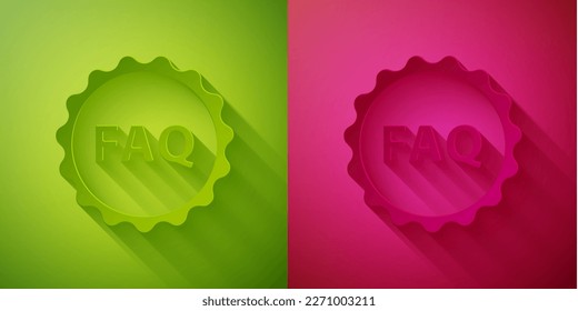 Etiqueta de corte de papel con el icono de información de preguntas frecuentes de texto aislado en fondo verde y rosa. Botón Círculo con FAQ de texto. Estilo de arte de papel. Ilustración vectorial