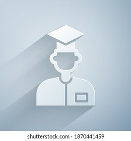 Icono de asistente de laboratorio de corte de papel aislado en fondo gris. Estilo de arte de papel. Vector