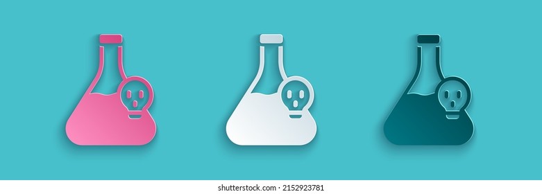 Paper cut Laboratory chemical beaker with toxic liquid icon isolated on blue background. Biohazard symbol. Dangerous symbol with radiation icon. Paper art style. Vector