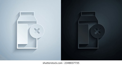 Recorte de papel Icono de intolerancia a la lactosa aislado en fondo gris y negro. No permitan la leche. Concepto alérgico, signo de advertencia de la intolerancia a la lactosa. Estilo de arte de papel. Vector