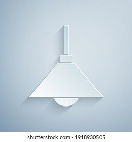 Paper cut Lamp hanging icon isolated on grey background. Ceiling lamp light bulb. Paper art style. Vector.