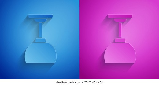 Paper cut Lamp hanging icon isolated on blue and purple background. Ceiling lamp light bulb. Paper art style. Vector