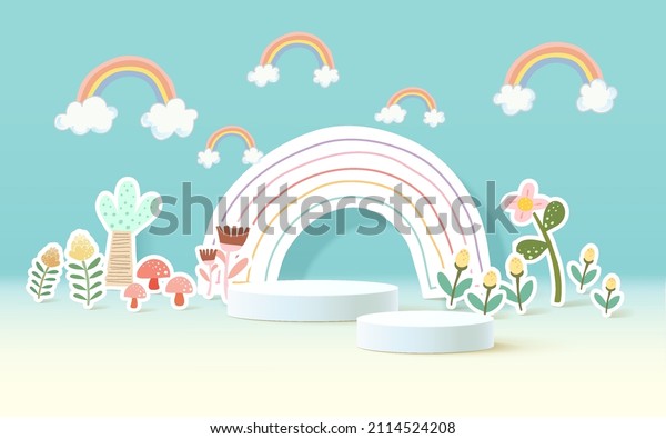 Paper cut landscape banner with rainbow and\
clouds made in realistic paper craft art. Kids colorful podium\
product display