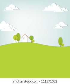 Paper cut landscape with  house on the hill. Vector image