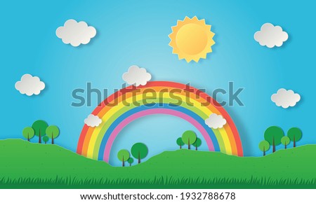 paper cut landscape nature green with rainbow. art style. vector Illustration.