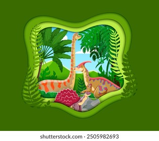 Paisaje de corte de papel con dinosaurios prehistóricos y lagartos en bosque jurásico, fondo de dibujos animados de Vector. Anuncio de papercut con dinosaurios y dinosaurios para niños animales prehistóricos o portada de libro de paleontología