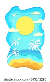 Paper cut landscape of the sea shore. Usable for web and print, flyers, posters, card, brochure cover. Vector illustration.