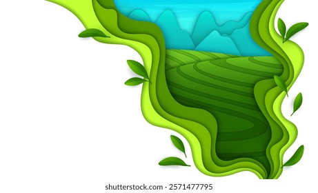 Paper cut landscape of tea plantations. 3d layered fluid frame with vibrant green leaves foliage and lush tea field hills. Vector natural and eco friendly theme of agriculture, environment and nature