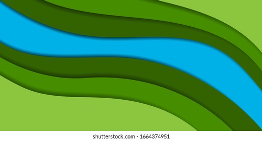 Vista superior horizontal de corte de papel. Fondo verde al estilo origami. Fondo de ecología de curva. Ilustración vectorial con hierba y río en capas. Diseño para tarjetas, folletos, portadas, banners, folletos. Bolsa