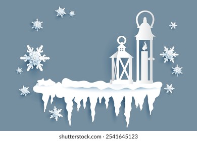 Paper cut lanterns with candle silhouette on a snowy background. Natural winter night Christmas design for card, banner,ticket, leaflet and so on.