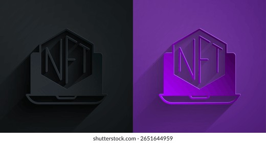 Paper cut Laptop with art store app icon isolated on black on purple background. Technology of selling NFT tokens for cryptocurrency. Non fungible token concept. Paper art style. Vector