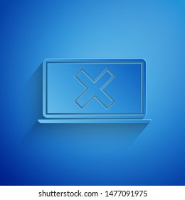 Paper cut Laptop and cross mark on screen icon isolated on blue background. Error window, exit button, cancel, 404 error page not found concept. Paper art style. Vector Illustration