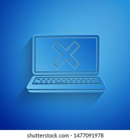 Paper cut Laptop and cross mark on screen icon isolated on blue background. Error window, exit button, cancel, 404 error page not found concept. Paper art style. Vector Illustration