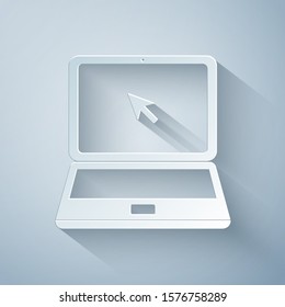 Paper cut Laptop with cursor icon isolated on grey background. Paper art style. Vector Illustration