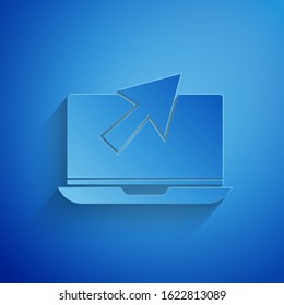 Paper cut Laptop and cursor icon isolated on blue background. Computer notebook with empty screen sign. Paper art style. Vector Illustration