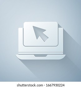 Paper cut Laptop and cursor icon isolated on grey background. Computer notebook with empty screen sign. Paper art style. Vector Illustration