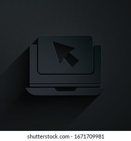 Paper cut Laptop and cursor icon isolated on black background. Computer notebook with empty screen sign. Paper art style. Vector Illustration