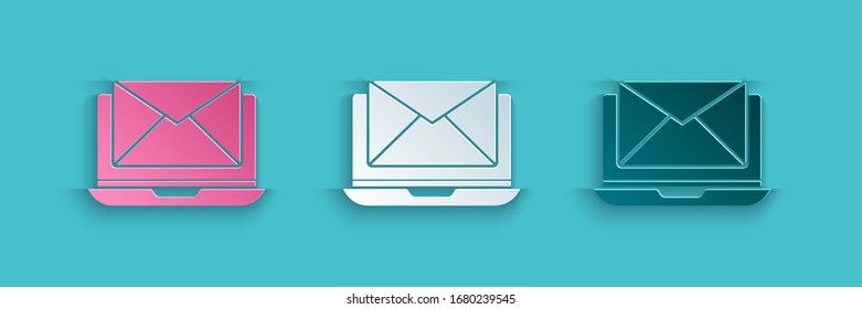 Paper cut Laptop with envelope and open email on screen icon isolated on blue background. Email marketing, internet advertising concepts. Paper art style. Vector Illustration