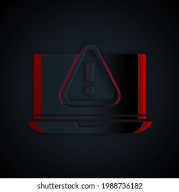 Recorte de papel Portátil con icono de signo de exclamación aislado en el fondo negro. Aviso de alerta por teléfono inteligente. Estilo de arte de papel. Vector