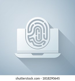 Paper cut Laptop with fingerprint icon isolated on grey background. ID app icon. Identification sign. Touch id. Paper art style. Vector