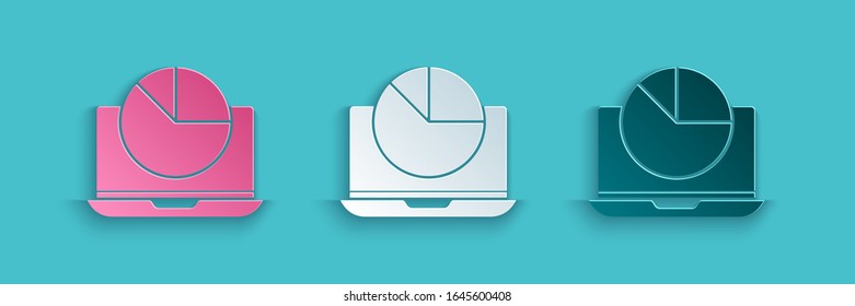 Portátil de corte de papel con icono de gráfico gráfico aislado en fondo azul. Icono de archivo de texto de informe. Signo contable. Auditoría, análisis, planificación. Estilo de arte de papel.  Ilustración vectorial