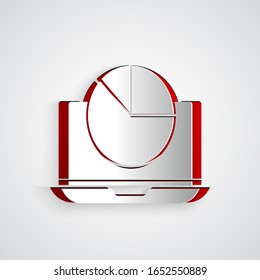 Paper cut Laptop with graph chart icon isolated on grey background. Report text file icon. Accounting sign. Audit, analysis, planning. Paper art style. Vector Illustration