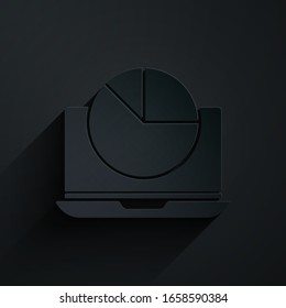 Paper cut Laptop with graph chart icon isolated on black background. Report text file icon. Accounting sign. Audit, analysis, planning. Paper art style. Vector Illustration