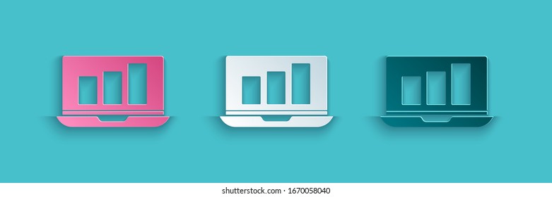 Paper cut Laptop with graph chart icon isolated on blue background. Report text file icon. Accounting sign. Audit, analysis, planning. Paper art style. Vector Illustration