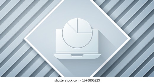Paper cut Laptop with graph chart icon isolated on grey background. Report text file icon. Accounting sign. Audit, analysis, planning. Paper art style. Vector Illustration