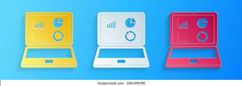 Paper cut Laptop with graph chart icon isolated on blue background. Report text file icon. Accounting sign. Audit, analysis, planning. Paper art style. Vector.