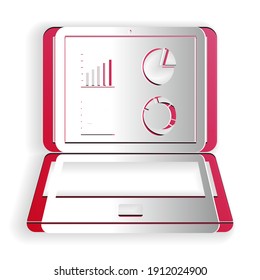 Recorte de papel Portátil con el icono de gráfico gráfico gráfico aislado en el fondo blanco. Icono de archivo de texto de informe. Signo de contabilidad. Auditoría, análisis, planificación. Estilo de arte de papel. Vector.