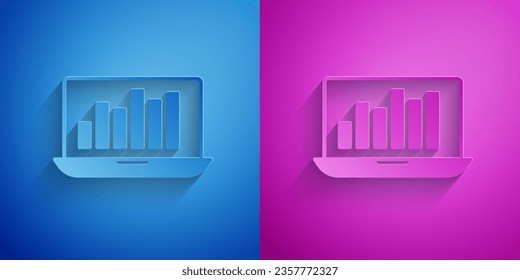Paper cut Laptop with graph chart icon isolated on blue and purple background. Report text file icon. Accounting sign. Audit, analysis, planning. Paper art style. Vector