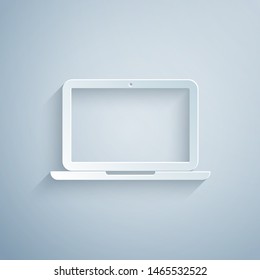 Paper Cut Laptop Icon Isolated On Grey Background. Computer Notebook With Empty Screen Sign. Paper Art Style. Vector Illustration