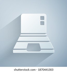 Paper cut Laptop icon isolated on grey background. Computer notebook with empty screen sign. Paper art style. Vector