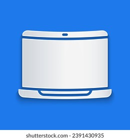 Paper cut Laptop icon isolated on blue background. Computer notebook with empty screen sign. Paper art style. Vector Illustration